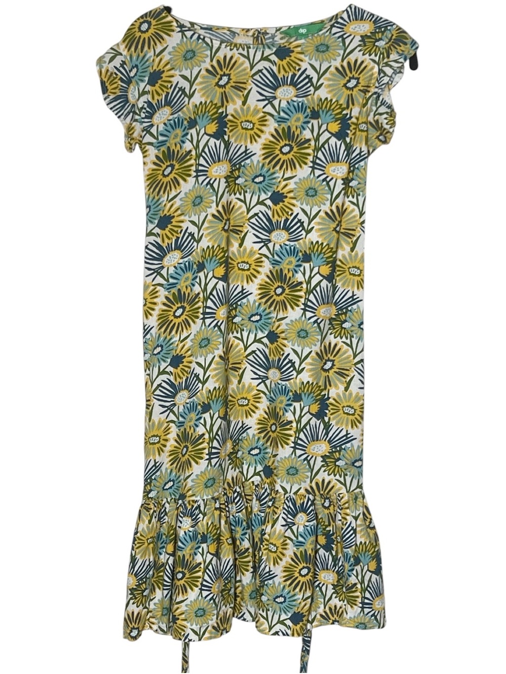 Dip blue & yellow floral print linen blend mini dress with braided belt size S